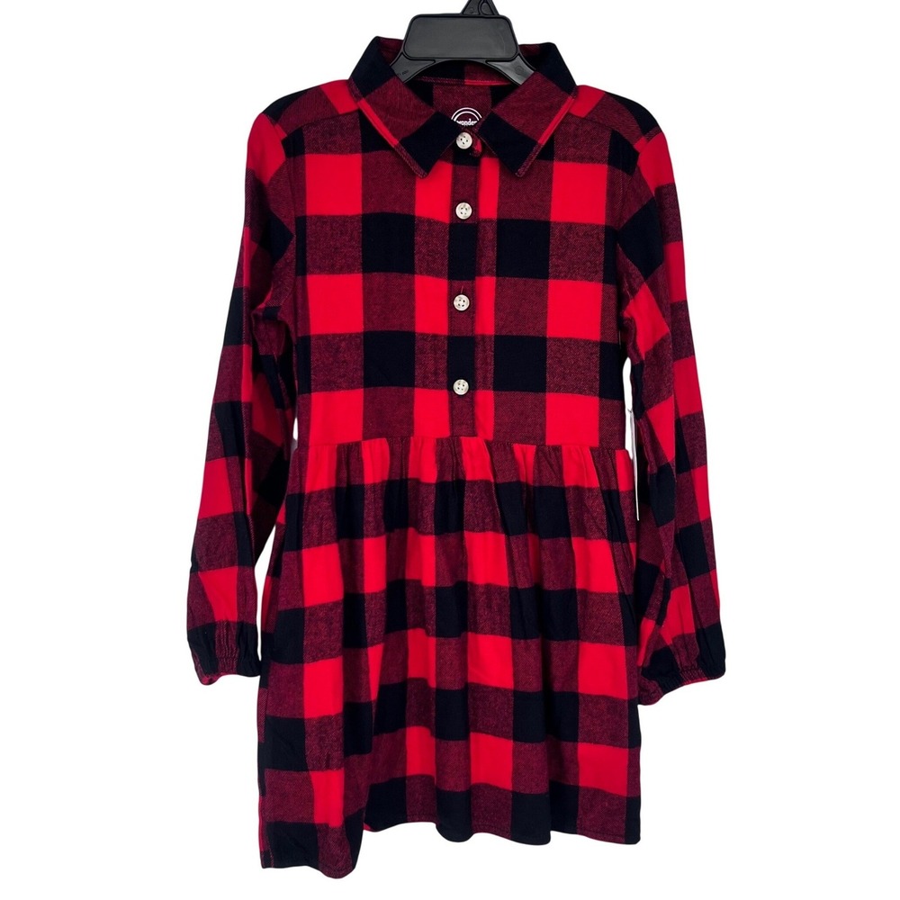 Buffalo Plaid Flannel Shirt Dress Girls XS 4-5 Red Black Festive Holidays